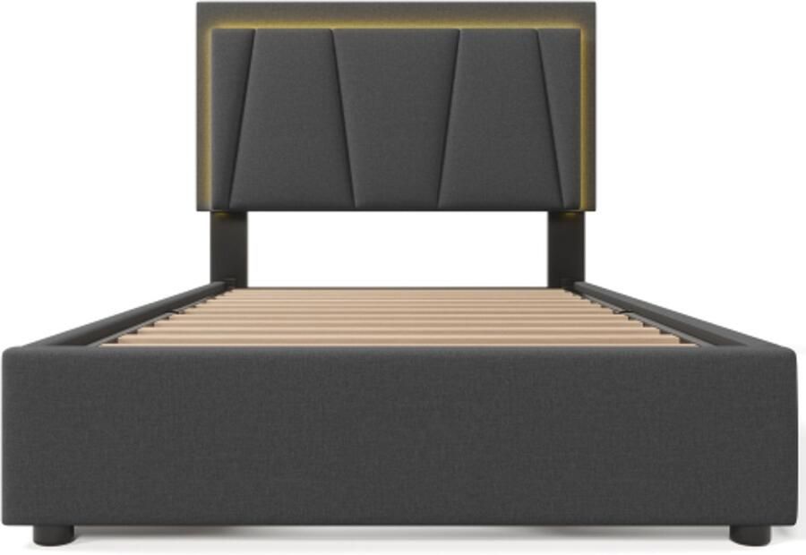 Eepersoonsbed 90x200cm Zonder Matras Polsterbed Grijs Lattenbodem Hout Met LED Verlichting 2 Laden Verstelbaar Hoofdbord Opbergbed Modern Design Geschikt Voor Slaapkamer