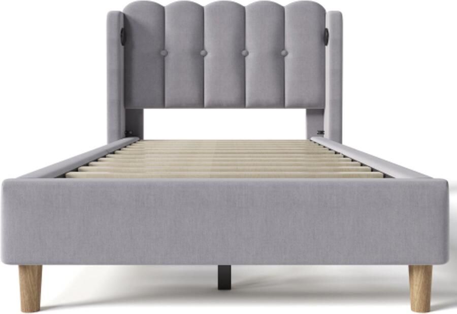 Eepersoonsbed 90x200cm Zonder Matras Polsterbed Grijs Linnen Met Usb Type C Lattenbodem Geschikt Voor Slaapkamer Gastenbed Modern Design
