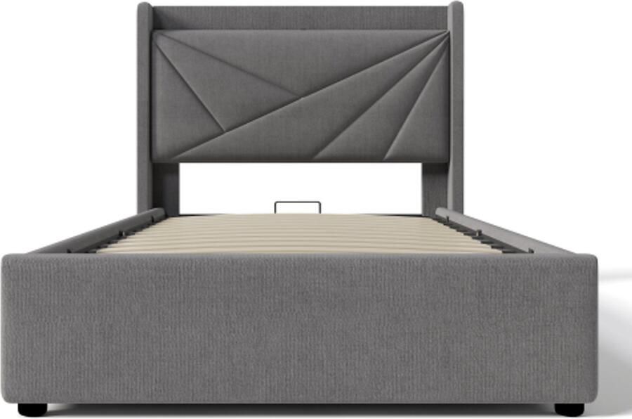 Eepersoonsbed 90x200cm Zonder Matras Polsterbed Grijs Linnen Opbergbed Hoofdbord Met USB Type C Lattenbodem Modern Design Geschikt Voor Slaapkamer