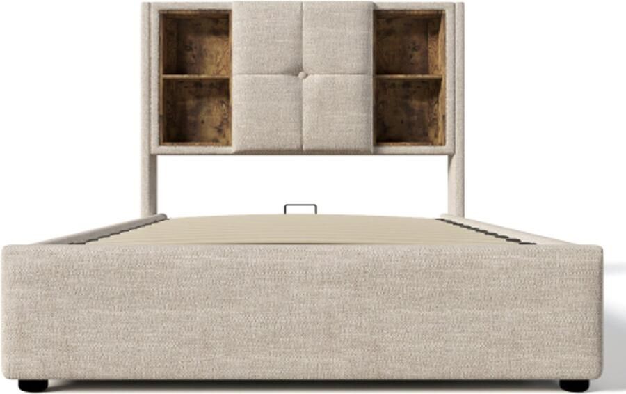 Eepersoonsbed 90x200cm Zonder Matras Polsterbed Natuur Linnen Met Lattenbodem Met Opbergruimte Met Opberg Hoofdbord Met Draadloos Opladen En USB Type C Modern Ontwerp Geschikt Voor Slaapkamer