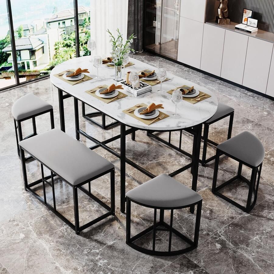 Sweiko Keuken eettafel set (met eettafel 4 kleine krukken en 2 grote krukken) Stalen frame. Modern Wit en Zwart. 140x70x76cm kan 120 kg laden