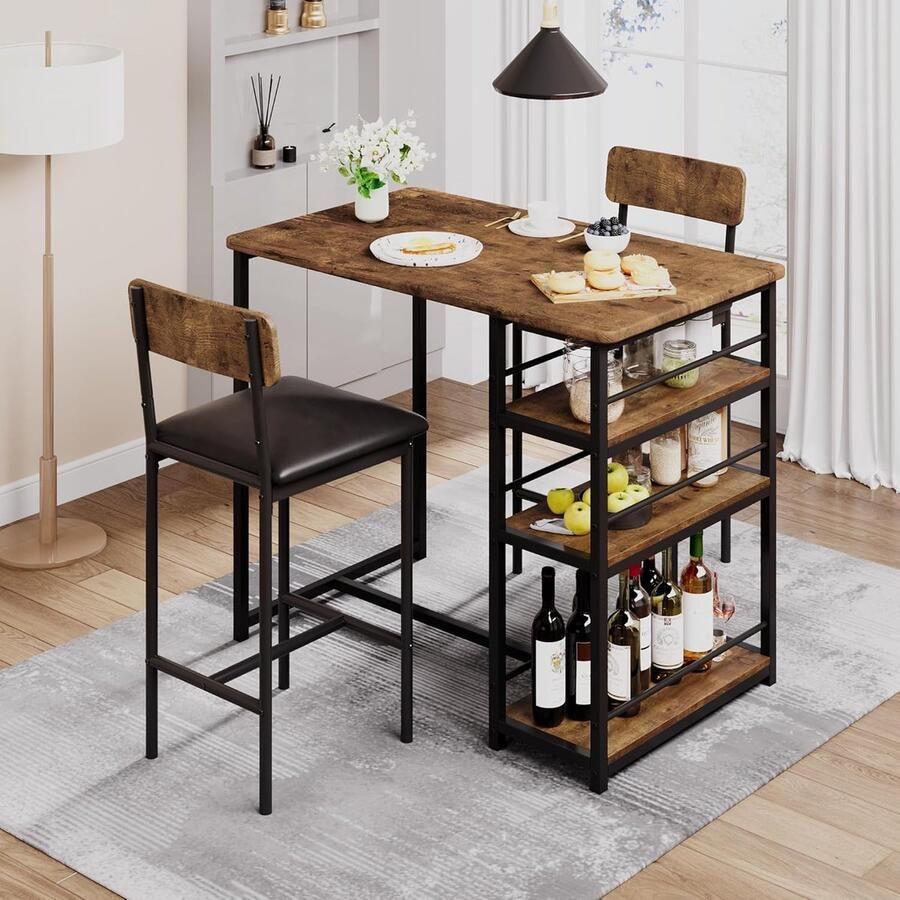 Eethoeken Bartafelset 3-delig keukentafel met stoelen voor keuken eetkamer bistro etc. Eettafel en 2 stoelen met rugleuning en bekleding bruin