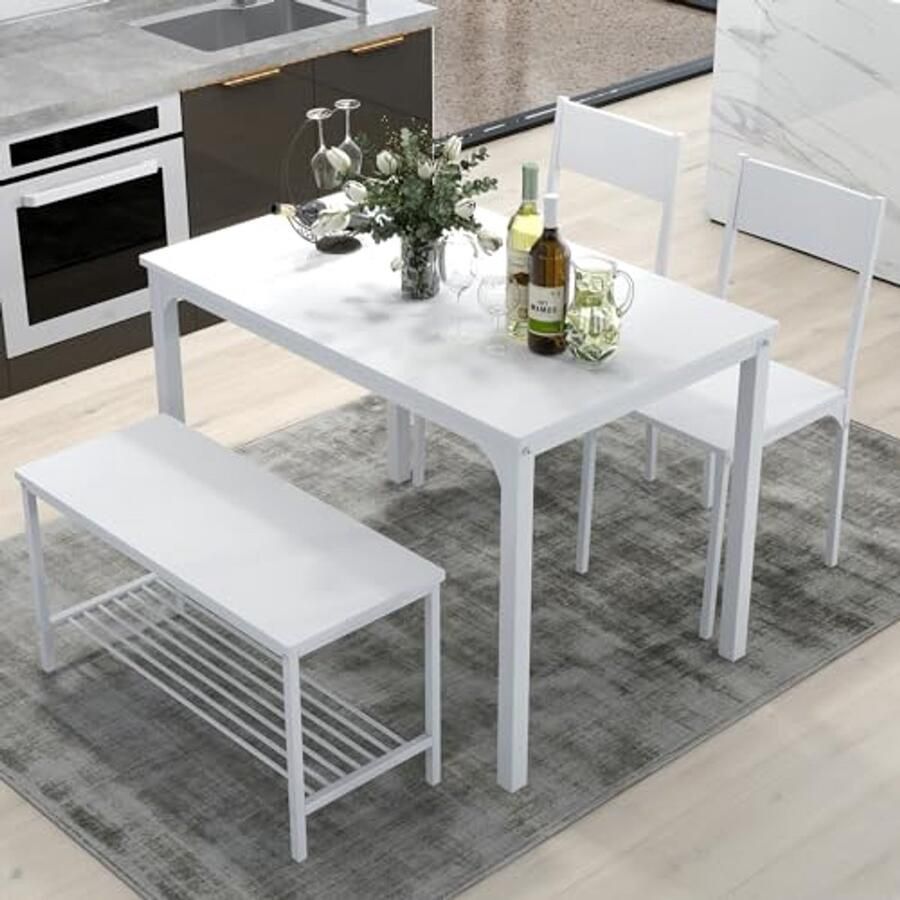 Eetkamer Set 4 Delig Eettafel met 2 Stoelen en Bank voor Keuken en Eetkamer