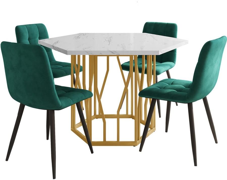 Eetkamer set 5-delig met een zeshoekige eettafel met marmerlook en gouden tafelpoten en 4 groene huidvriendelijke en zachte stoelen