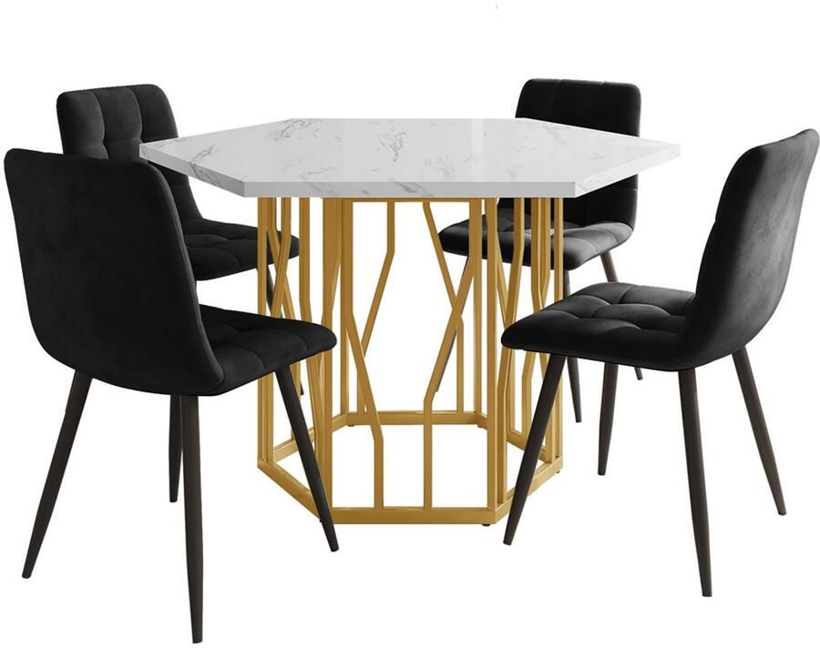 Eetkamer set 5-delig met een zeshoekige eettafel met marmerlook en zwart tafelpoten en 4 groene huidvriendelijke en zachte stoelen