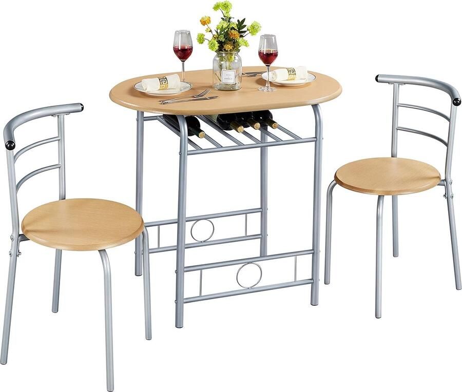 Eetkamergroep 3-delig eettafel met 2 stoelen zitgroep keukentafel met legplank houten tafel balkontafel voor balkon woonkamer terras en bar ruimtebesparend compact