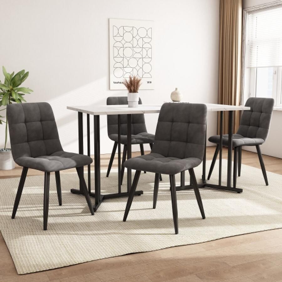 Merlooks Eetset (5 stuks) Eettafel met 4 stoelen set Moderne keukentafelset 140×80cm keukentafel met zwarte metalen poten Wit MDF bureaublad Splicing tafelbladen Donkergrijs fluwelen eetkamerstoelen
