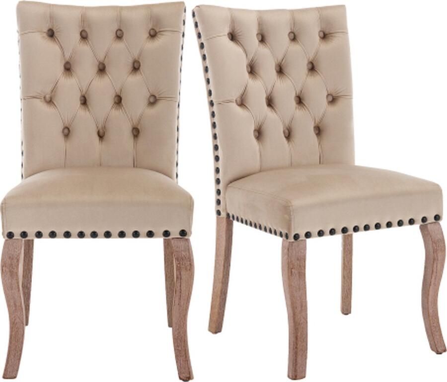 Zonder merk Gotagee Eetkamerstoel 2 stuks Keukenstoel Gestoffeerde stoel Licht Kameel Fluweel Woonkamerstoel Poten Gemaakt van massief hout