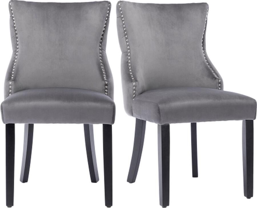 Zonder merk Gotagee Eetkamerstoel 2 stuks Woonkamerstoel Grijs Fluweel met knoopjesstiksel Massief hout