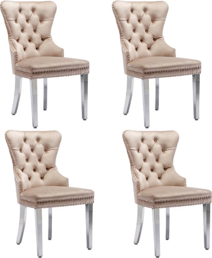 Zonder merk Gotagee Eetkamerstoel 4 stuks Keukenstoel Woonkamerstoel Gestoffeerde stoel Fluweel Beige met spijkerkop afwerking Metalen steunpoten