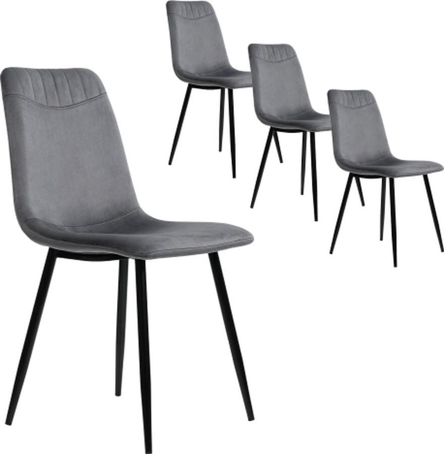 Zonder merk Gotagee Eetkamerstoel (4 stuks) Woonkamerstoelen Gestoffeerde stoel Donkergrijs Fluweel met rugleuning Metalen frame