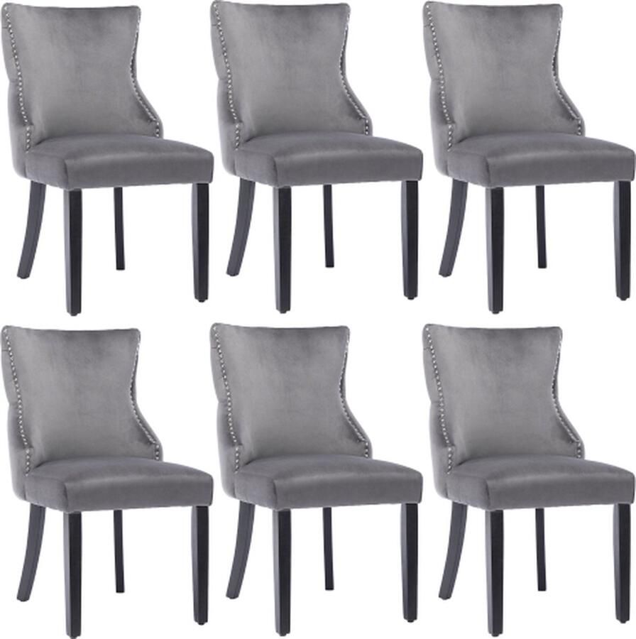 Zonder merk Gotagee Eetkamerstoel 6 stuks Woonkamerstoel Grijs Fluweel met knoopjesstiksel Massief hout