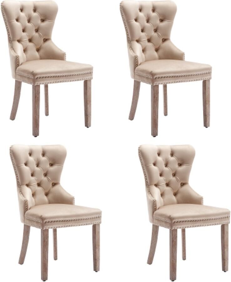 Eetkamerstoel Set 4 Stuks 53 5x46 5x95cm Beige Fluweel Met Massiefhouten Poten Nagelkop Afwerking Unieke Ring Op Rugleuning Geschikt Voor Keuken Woonkamer