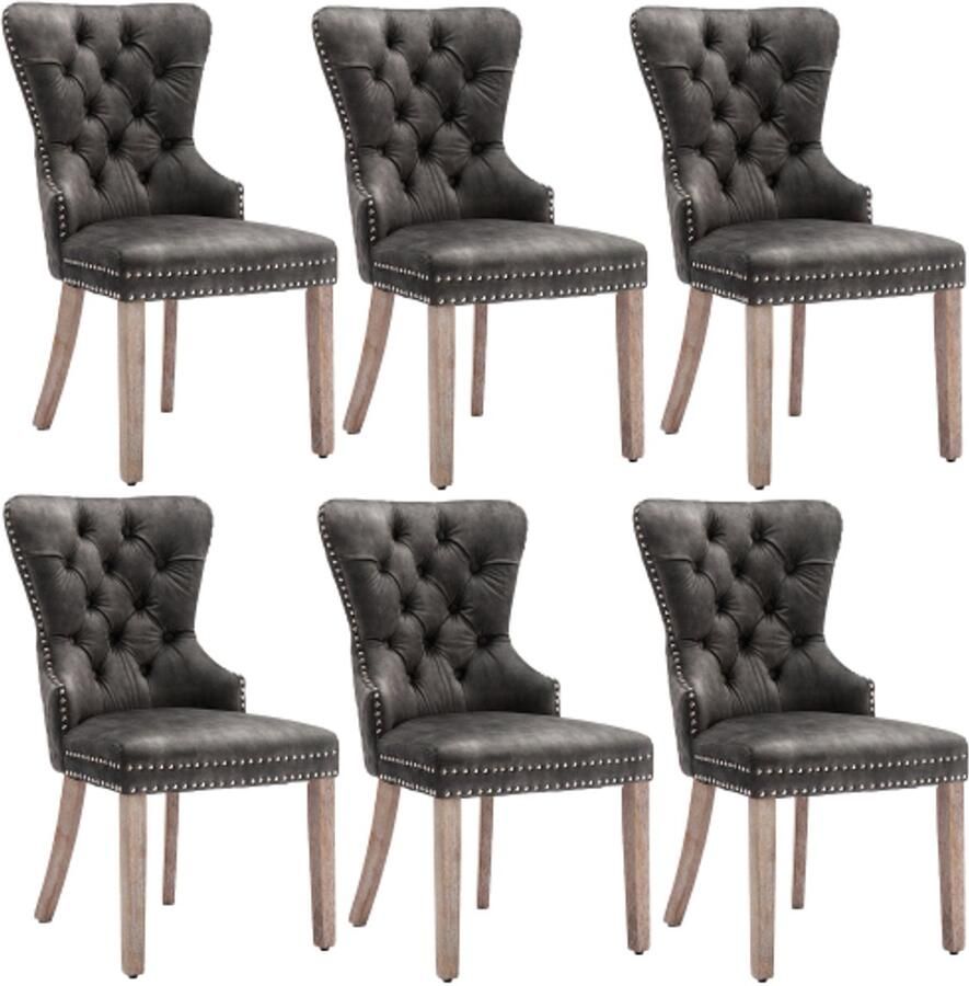 Eetkamerstoel Set 6 Stuks 53 5x46 5x95cm Zwart Fluweel Met Massiefhouten Poten Nagelkop Afwerking Unieke Ring Op Rugleuning Geschikt Voor Keuken Woonkamer