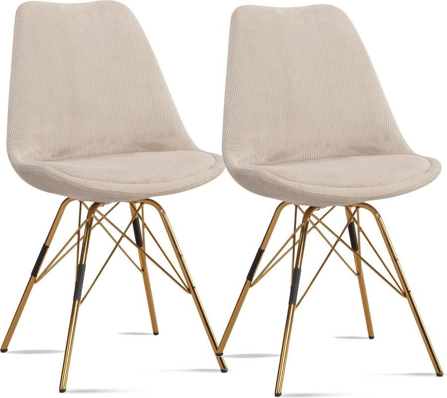 Amstyle eetkamerstoel set van 2 Cara stof beige keukenstoel met gouden poten corduroy kuipstoel Scandinavisch design gestoffeerde stoel met stoffen bekleding stoel gestoffeerd
