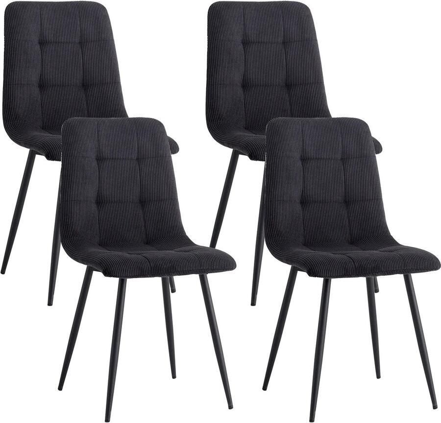 Corenia Eetkamerstoelen Eetstoelen Keukenstoelen Ergonomische met Rugleuning Set van 4 Voor Keuken Eetgedeelte Corduroy Stof Metalen Poten 43 x 44 x 99.5 cm Zwart