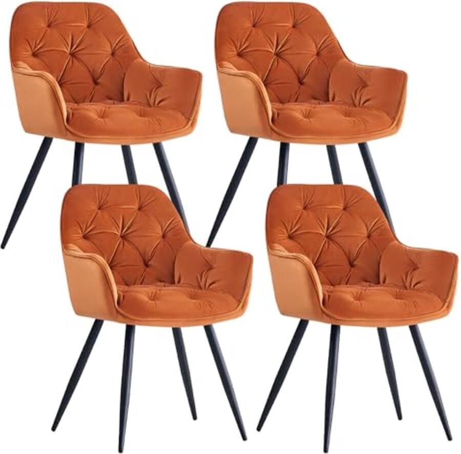Eetkamerstoelen met fluwelen zitting metalen poten armleuningen en rugleuning voor woonkamer (oranje 4 stuks)