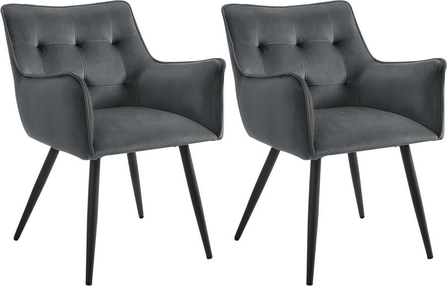 Eetkamerstoelen set van 2 fauteuil keukenstoel gestoffeerde stoel met armleuningen rugleuning woonkamerstoel met fluwelen bekleding voor eetkamer keuken donkergrijs BH374dgr-2