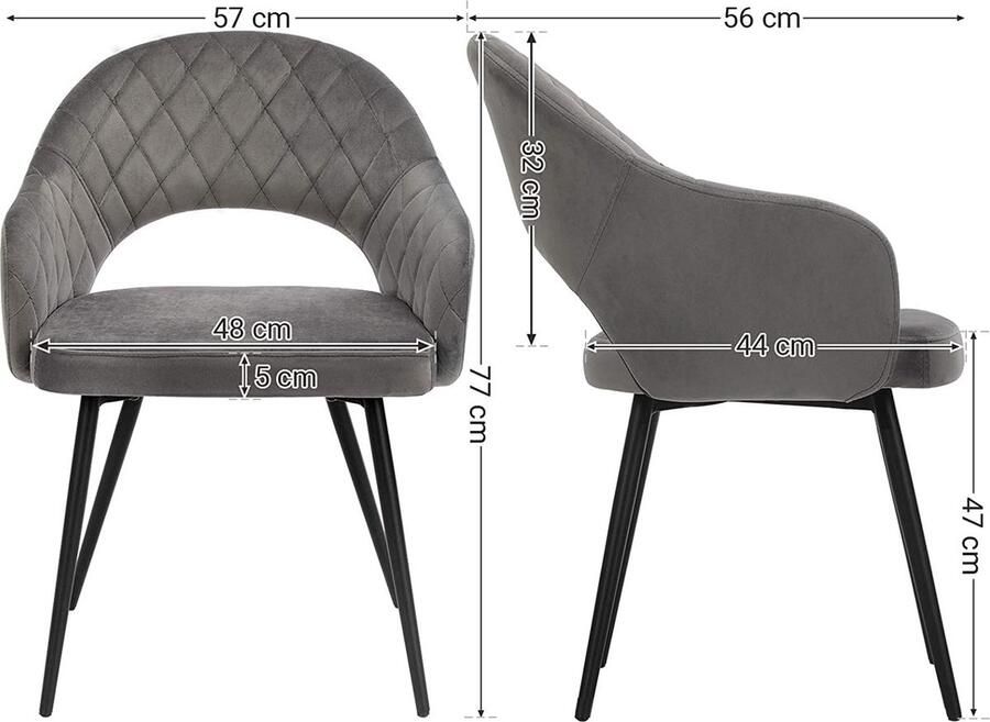 Rootz Living Rootz Eetkamerstoelen Set Van 2 Keukenstoelen Gestoffeerd Fluweel Metaal Grijs 57 x 56 x 77 cm