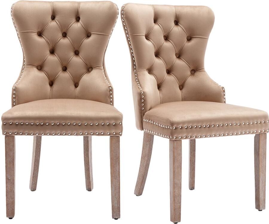 Eetkamerstoelen set van 2 make-up stoelen ontspanningsstoelen multifunctionele stoelen met unieke deurring en ruitpatroon op de rugleuning knoopversiering op de rugleuning stevig houten frame 53 5x64x95cm bruin