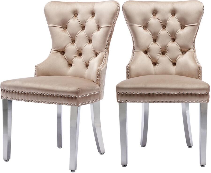 Eetkamerstoelen set van 2 make-up stoelen ontspanningsstoelen multifunctionele stoelen met unieke deurring aan de rugleuning met knoopversiering stevig metalen frame 53x62 5x94 5cm beige