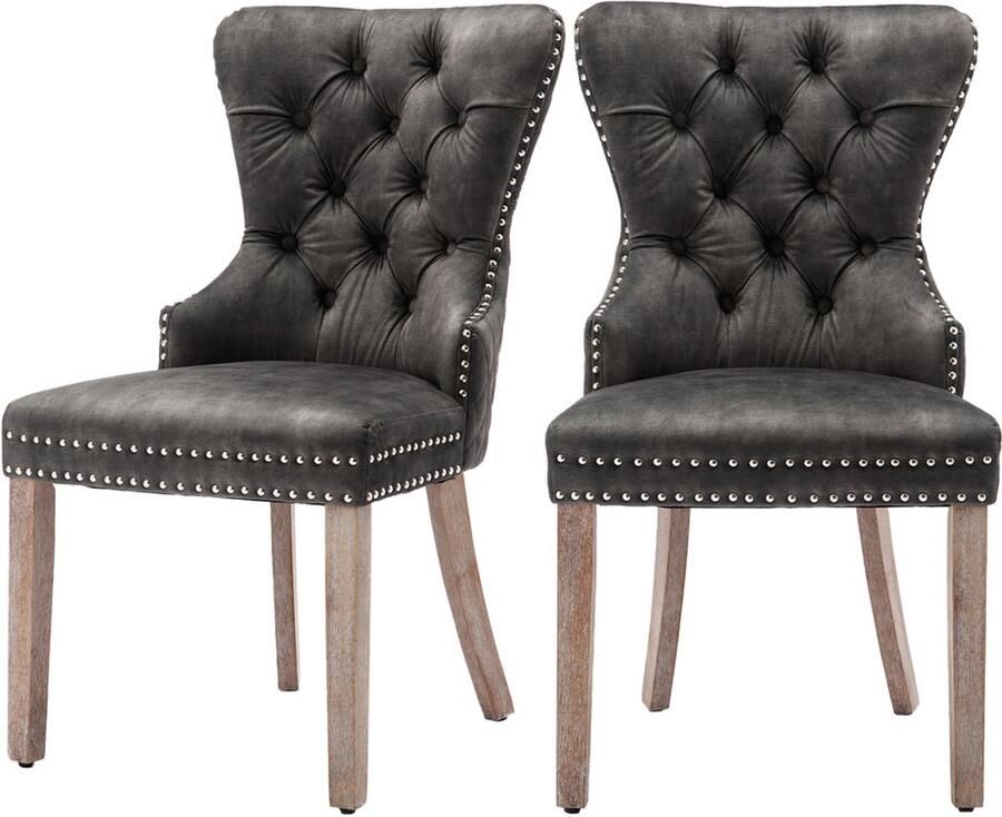 Eetkamerstoelen set van 2 make-up stoelen ontspanningsstoelen multifunctionele stoelen met unieke deurring en ruitpatroon op de rugleuning knoopversiering op de rugleuning stevig houten frame 53 5x64x95cm Grijs