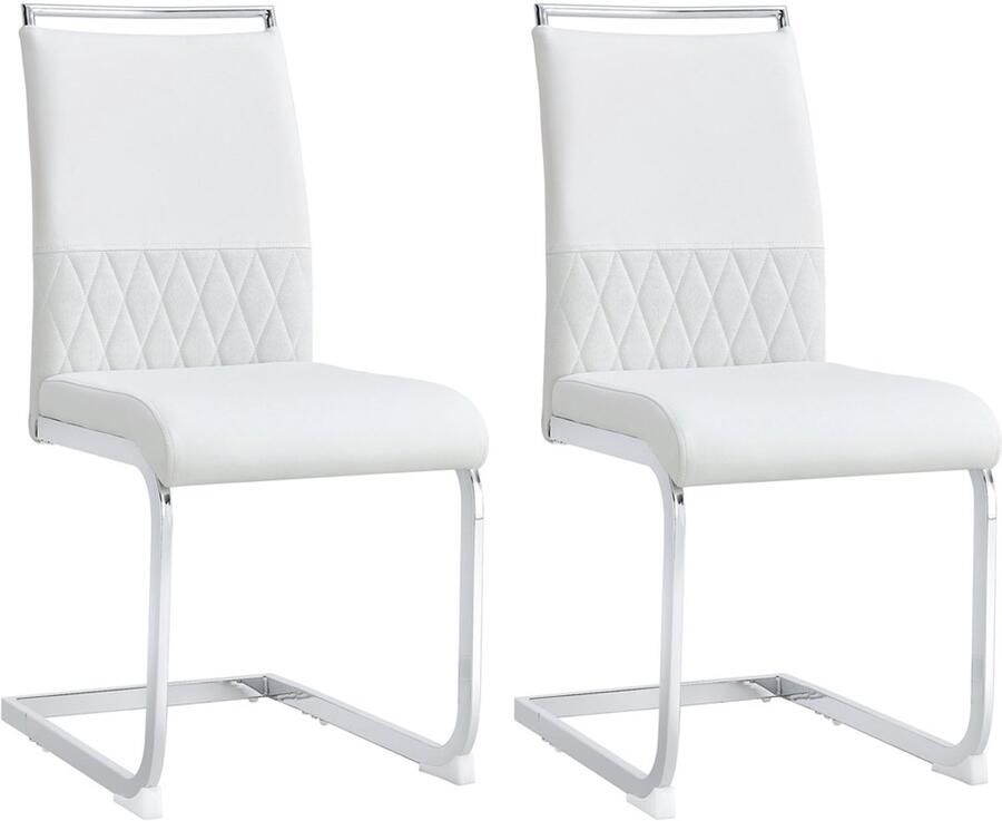 Eetkamerstoelen set van 2 ontspanningsstoelen multifunctionele stoelen hoge rugleuning gestoffeerde stoelen met ruitpatroon stevige metalen frame met vloeiende lijnen 42x48x95cm wit