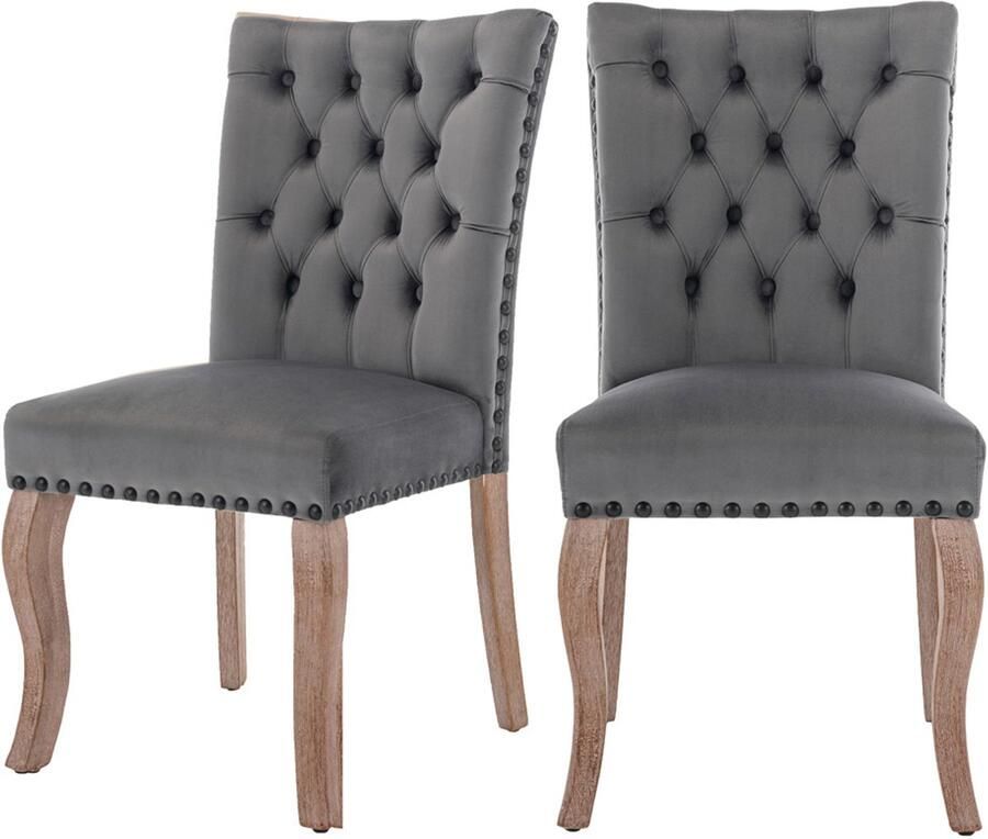 Eetkamerstoelen set van 2ontspanningsstoelen multifunctionele stoelen rugleuning met uniek deurringdetail rugleuning met knoopversiering huidvriendelijke zachte zitting en rugleuning stevig houten frame 49x63x95cm Grijs