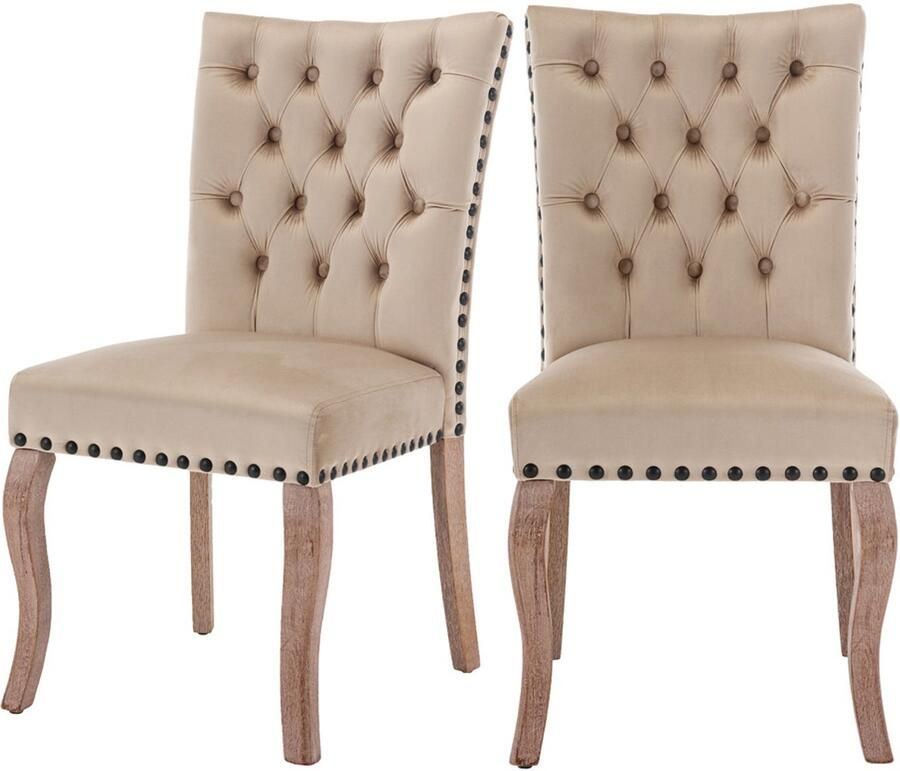 Eetkamerstoelen set van 2ontspanningsstoelen multifunctionele stoelen rugleuning met uniek deurringdetail rugleuning met knoopversiering huidvriendelijke zachte zitting en rugleuning stevig houten frame 49x63x95cm beige