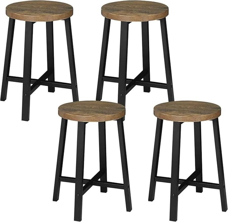 Eetkamerstoelen set van 4 keukenstoel eetkamerkruk keukenkruk kruk met metalen poten industrieel ontwerp vintage houtnerf zwart BH370hov-4