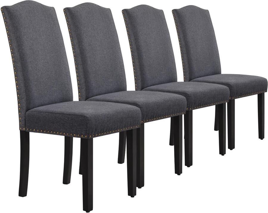 Eetkamerstoelen set van 4 keukenstoelen met hoge rugleuning moderne stoelen voor keuken en eetkamer poten van massief hout gevoerde zitting van linnen tot 136 kg belastbaar donkergrijs