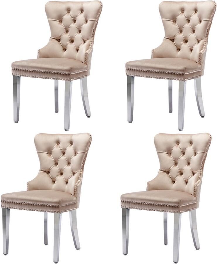 Eetkamerstoelen set van 4 make-up stoelen ontspanningsstoelen multifunctionele stoelen met unieke deurring aan de rugleuning met knoopversiering stevig metalen frame 53x62 5x94 5cm beige
