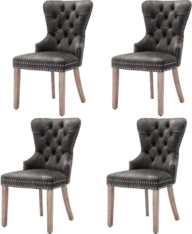 Eetkamerstoelen set van 4 make-up stoelen ontspanningsstoelen multifunctionele stoelen met unieke deurring en ruitpatroon op de rugleuning knoopversiering op de rugleuning stevig houten frame 53 5x64x95cm Grijs