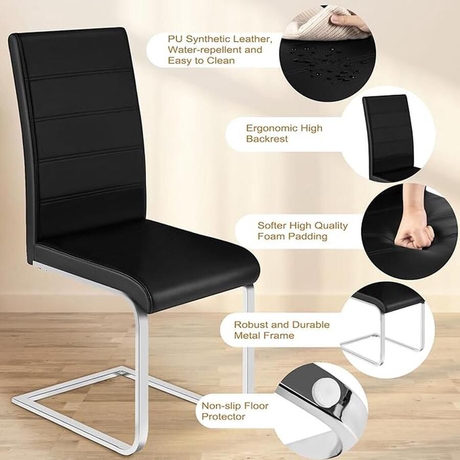 Eetkamerstoelen set van 4 schommelstoel cantileverstoel keukenstoel gestoffeerde stoel met hoge rugleuning kunstleer voor eetkamer keuken woonkamer kantoor zwart BH378sz-4