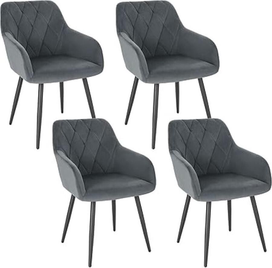 YOLO SHOP -eetkamerstoelen set van 4-woonkamer fauteuil-Scandinavische stoel- fluwelen keukenstoel-gestoffeerde zitting met armleuningen en rugleuning-metalen poten-donkergrijs