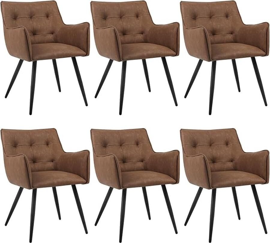 Eetkamerstoelen set van 6 fauteuil keukenstoel gestoffeerde stoel met armleuningen rugleuning woonkamerstoel met kunstlederen bekleding voor eetkamer keuken bruin BH375br-6