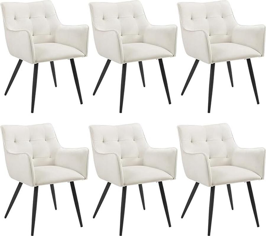 Eetkamerstoelen set van 6 fauteuil keukenstoel gestoffeerde stoel met armleuningen rugleuning woonkamerstoel met fluwelen bekleding voor eetkamer keuken crème wit BH374cm-6