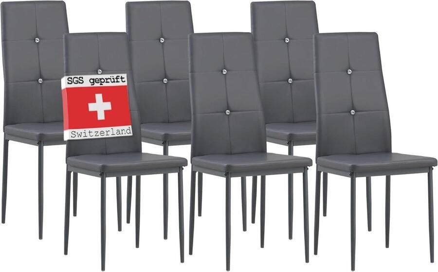 Eetkamerstoelen Set van 6 Grijze Comfortabele Stoelen met Ergonomische Rugsteun voor Keuken