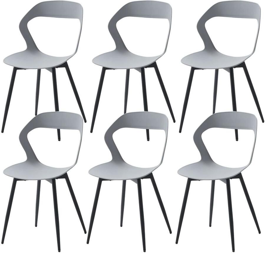 Corenia Eetkamerstoelen Set van 6 Koffiestoel Moderne Kunststof Zitting Metalen Poten Rugleuning – Minimalistisch Design – Grijs