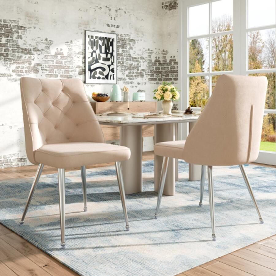 Eetkamerstoelen van hoogwaardige fluwelen stof (set van 2) gegalvaniseerde zilveren ijzeren poten make-up stoel uniek design lichte luxe stoelen verstelbare poten beige