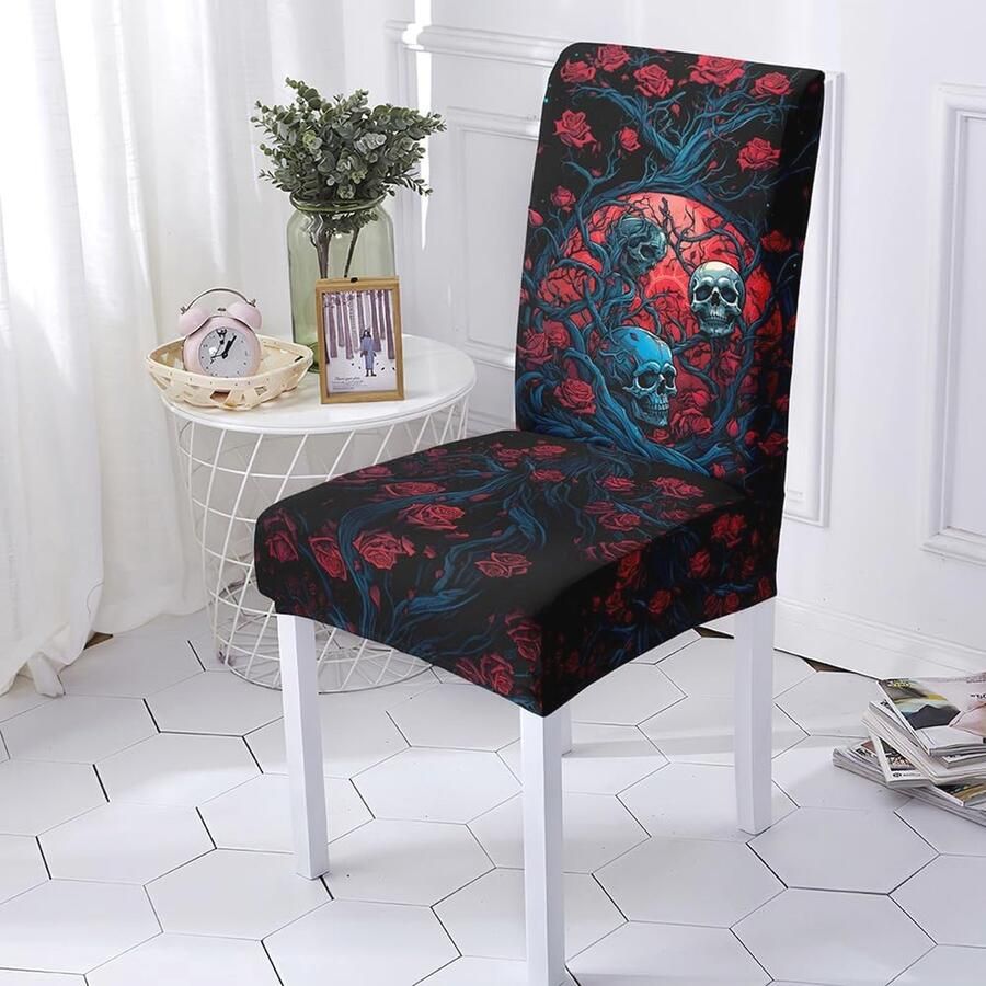 Eetkamerstoelhoezen Set van 6 Roze-Blauwe Doodskop Stretch Spandex Afneembare Wasbare en Kreukbestendige Hoezen
