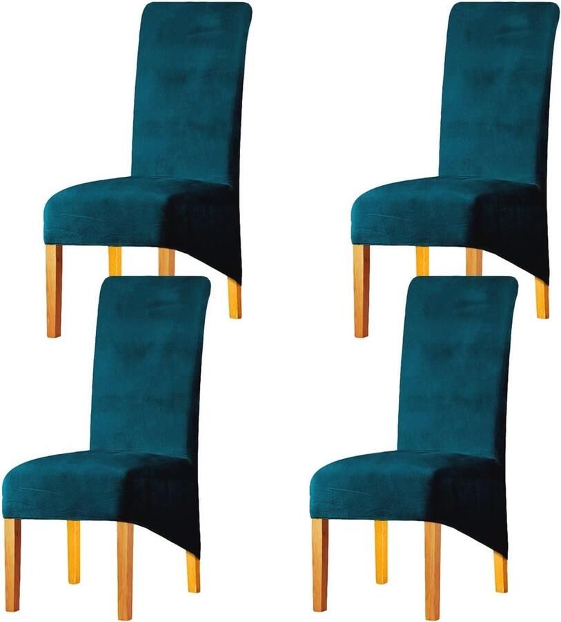 Eetkamerstoelhoezen XL Verwijderbaar en Wasbaar Fluweel Set van 4 voor Hoge Ruggen (Groenblauw)