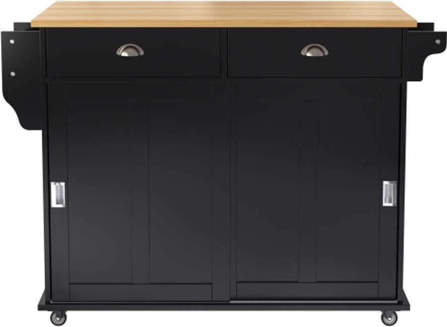 GOTAGEE Eetkamertrolley dressoir 112 x 40 (70) x 94 cm opklapbaar werkblad in massief houtlook met opbergdeuren wielen en verwisselbare massief houten poten geschikt voor keukens en eetkamers zwart