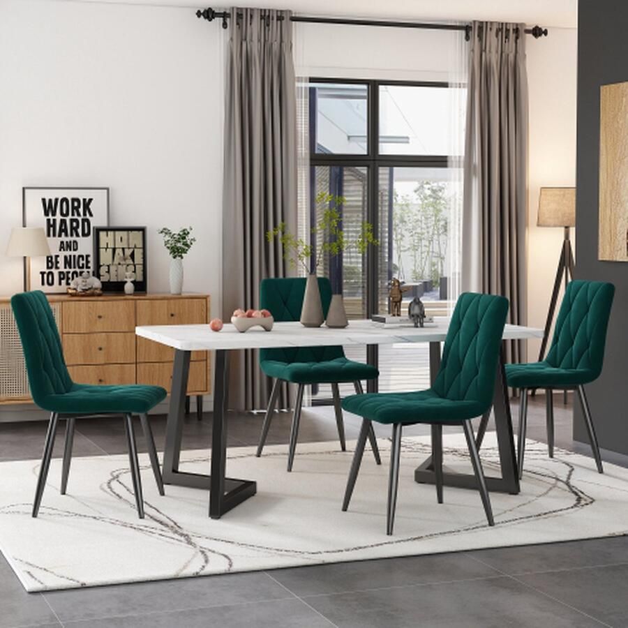 Eetset 117×68cm eettafel met 4 stoelen Rechthoekige eettafel Moderne keukentafelset Eetkamerstoel Donkergroen keperstof fluwelen keukenstoel Zwart tafelpoten