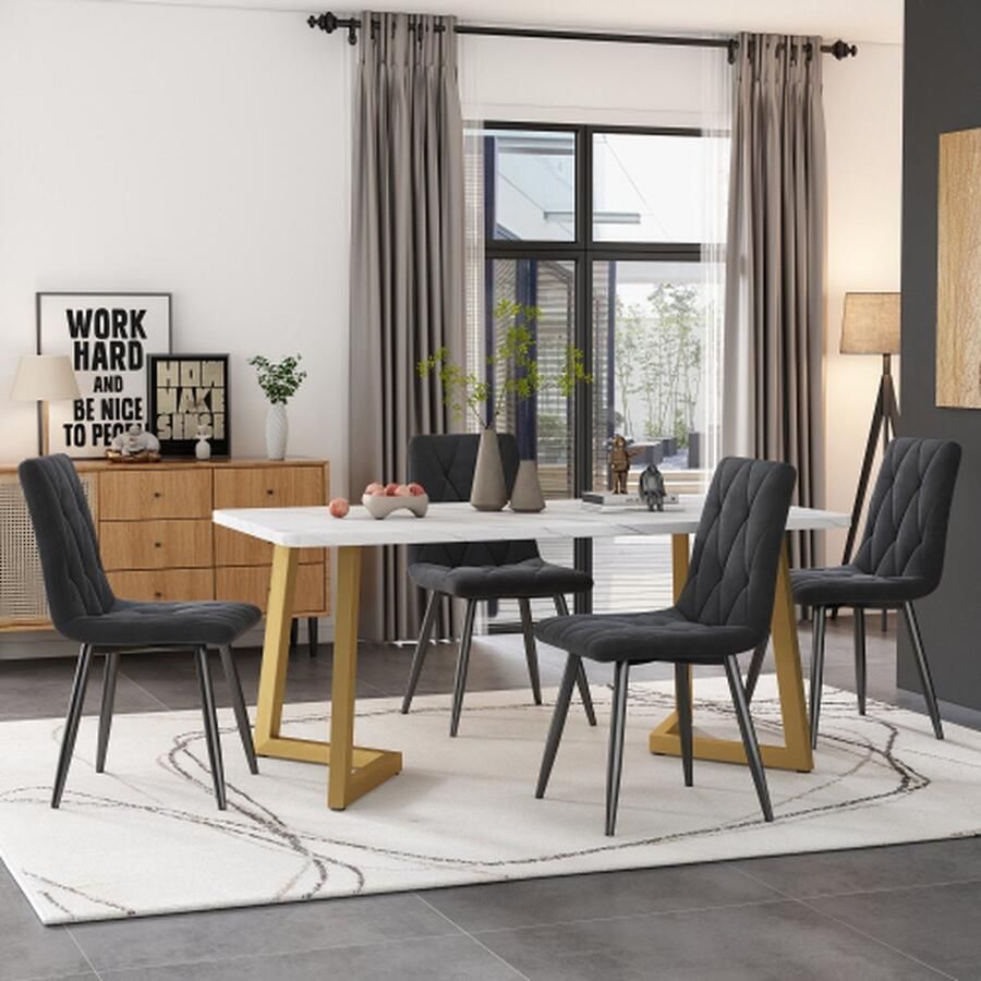 Eetset 117×68cm eettafel met 4 stoelen Rechthoekige eettafel Moderne keukentafelset Eetkamerstoel Donkergrijs keperstof fluwelen keukenstoel Gouden tafelpoten