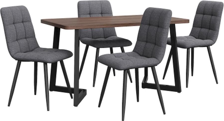 Zonder merk Gotagee Eetset (5-delig) Eettafel met 4 stoelen Keukentafel set met zwarte metalen poten MDF tafelblad in walnootkleur Donkergrijze Linnen Eetkamerstoelen - Foto 2