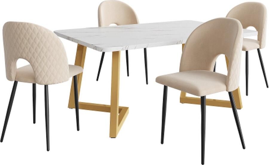 Zonder merk Gotagee Eetset Eettafel met 4 stoelen Beige Fluweel Eetkamerstoel Verstelbare stoelpoten Keukentafelset Gouden tafelpoten