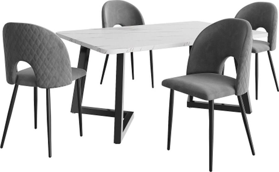 Zonder merk Gotagee Eetset Eettafel met 4 stoelen Grijs Fluweel Eetkamerstoel Verstelbare stoelpoten Keukentafelset Zwarte tafelpoten