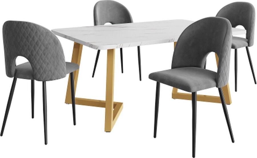 Zonder merk Gotagee Eetset Eettafel met 4 stoelen Grijs Fluweel Eetkamerstoel Verstelbare stoelpoten Keukentafelset Gouden tafelpoten