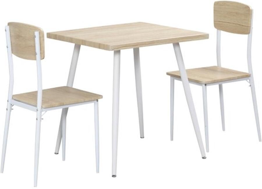 ZAZA Home 3-delige eetgroep zitplaatsen groep eettafel set mdf + metaal natuurlijke houten korrel + wit met 1 tafel + 2 stoelen